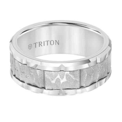 Triton 9mm Tungsten Carbide Comfort Fit Men's White Band With Gray Sand Blasted Textured Center With Vertical Cuts And Bright Cut Rims
