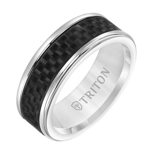 Triton 8mm White Tungsten Carbide Band With Black Carbon Fiber Center And Round Edge