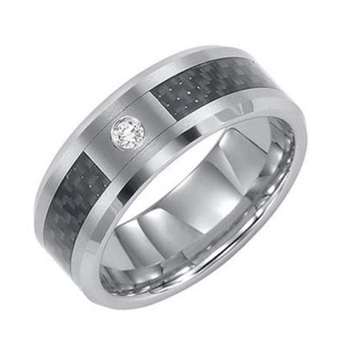 Triton 8mm Tungsten Carbide Bevel Edge Comfort Fit Diamond Band With Black Carbon Fiber Inlay