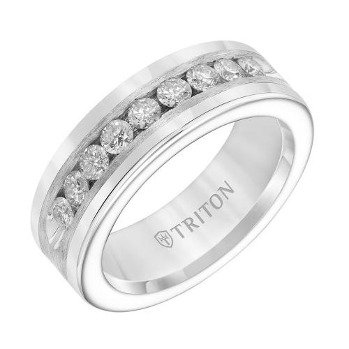 Triton 8mm Tungsten Carbide Comfort Fit Band With Satin Finish Silver Inlay And Channel Set Diamonds
