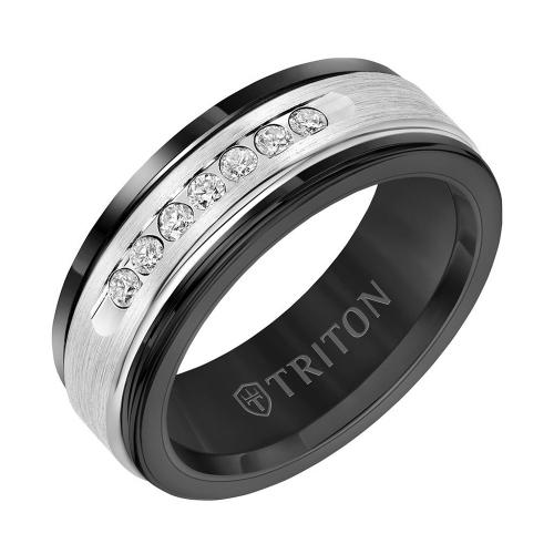Triton 8mm Black Tungsten Carbide Band - White Diamonds 14k White Gold Insert With Round Edge