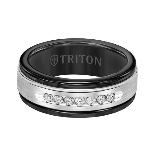 Triton 8mm Black Tungsten Carbide Band - White Diamonds 14k White Gold Insert With Round Edge
