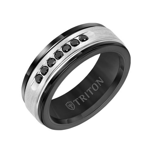 Triton 8mm Black Tungsten Carbide Band - Black Diamonds 14k White Gold Insert With Round Edge