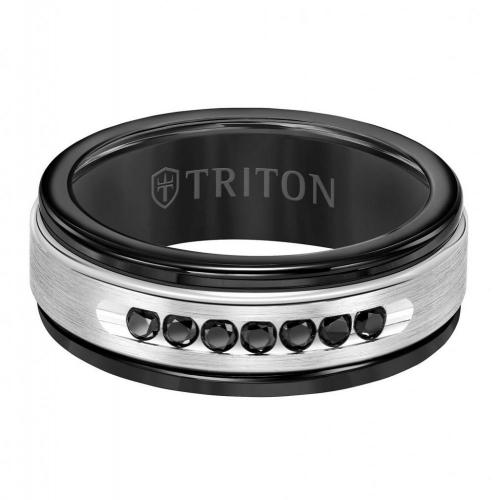 Triton 8mm Black Tungsten Carbide Band - Black Diamonds 14k White Gold Insert With Round Edge