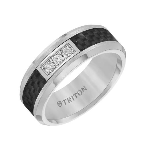 Triton 8mm Tungsten Carbide Bevel Edge Comfort Fit Diamond Band With Black Carbon Fiber Inlay