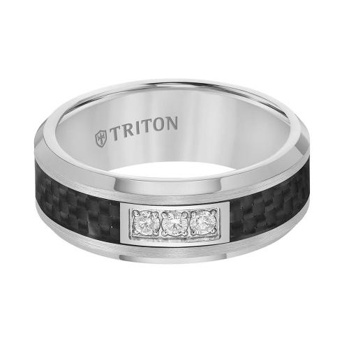 Triton 8mm Tungsten Carbide Bevel Edge Comfort Fit Diamond Band With Black Carbon Fiber Inlay