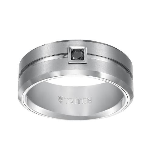 Triton 9mm Black Tungsten Carbide Flat Comfort Fit Band. Horizontal Brush Finish With Bright Polished Recessed Center Groove And Bevel Edge. Single Round Black Diamond Set