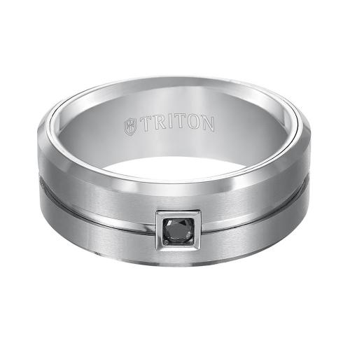 Triton 9mm Black Tungsten Carbide Flat Comfort Fit Band. Horizontal Brush Finish With Bright Polished Recessed Center Groove And Bevel Edge. Single Round Black Diamond Set