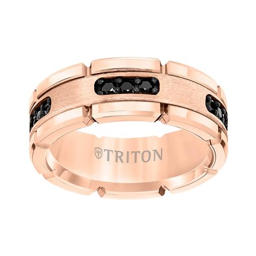Triton 8mm Bright Polished Tungsten Carbide Comfort Fit Band With Brush Finish Silver Inlay And 1/4 Carat Of Channel Set Black Diamonds.