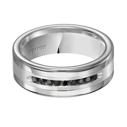 Triton 8mm Bright Polished Tungsten Carbide Comfort Fit Band With Brush Finish Silver Inlay And 1/4 Carat Of Channel Set Black Diamonds.