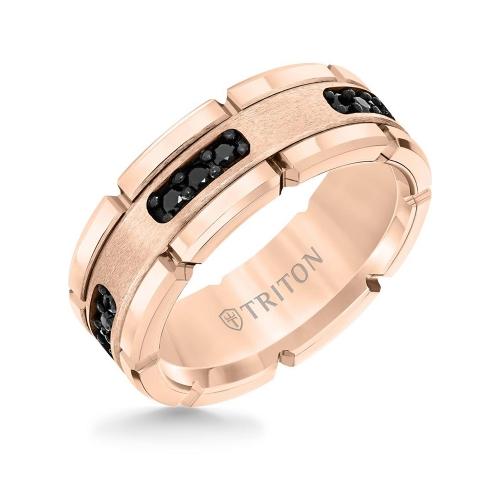 Triton 8mm Rose Tungsten Carbide Flat Comfort Fit Black Diamond Band