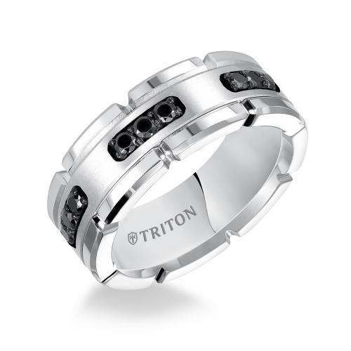 Triton 8mm White Tungsten Carbide Flat Comfort Fit Black Diamond Band