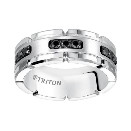 Triton 8mm White Tungsten Carbide Flat Comfort Fit Black Diamond Band