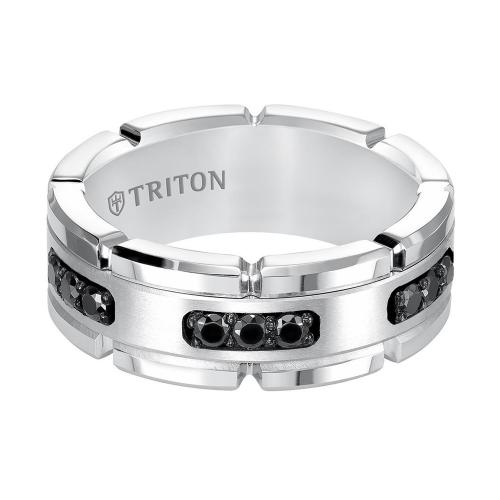 Triton 8mm White Tungsten Carbide Flat Comfort Fit Black Diamond Band