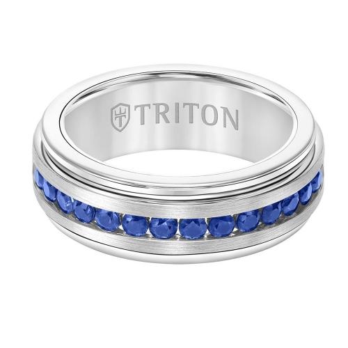 Triton 8mm Tungsten Carbide Band - Blue Sapphires Channel Set Silver Satin Finish