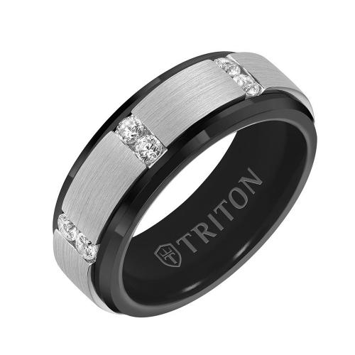 Triton 8mm Tungsten Diamond Band - Vertical Channel Set Silver Satin Finish And Bevel Edge