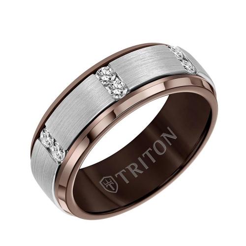 Triton 8mm Espresso Tungsten Diamond Band - Vertical Channel Set Silver Satin Finish And Bevel Edge