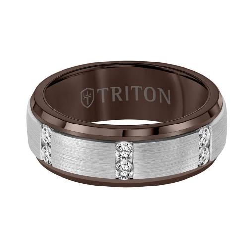 Triton 8mm Espresso Tungsten Diamond Band - Vertical Channel Set Silver Satin Finish And Bevel Edge