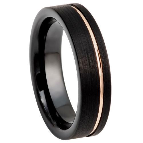 Black Ip Brushed Pipe-cut With Off-center Rose Gold Ip Groove - 6mm Band