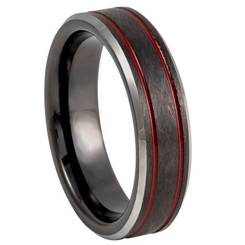 Tungsten Band Charcoal Gray Ip Plated Ice Finish With 2 Red Thin Line, Beveled Edge - 8mm Band