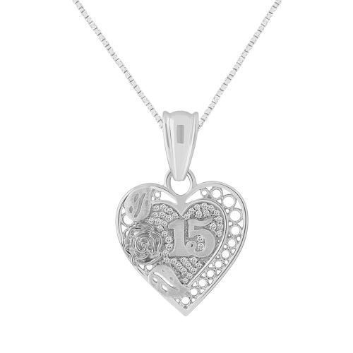 Sweet 15® Filigree Heart Quinceanera Pendant With Rose - 0.12 Ct. T.w.
