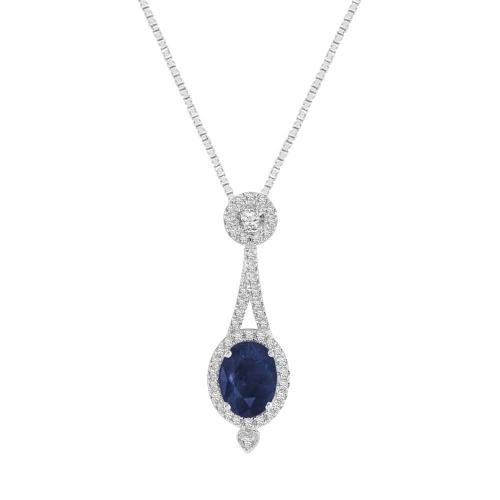 Oval Sapphire Drop Halo Diamond Pendant - 1.86 Ct. T.w. in 14K White Gold