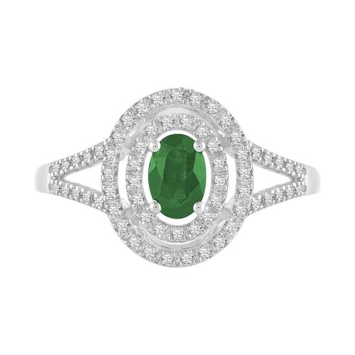 Oval Emerald with Double Halo & Split Shank Diamond Ring - 0.25 Ct. T.w. in 10K White Gold