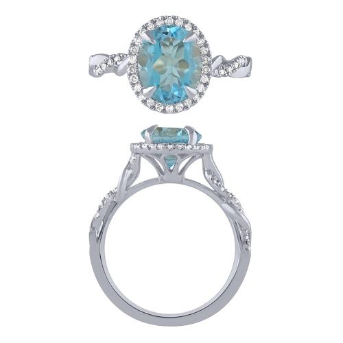 Oval Blue Topaz And Diamond Halo Ring - 0.20 Ct. T.w.