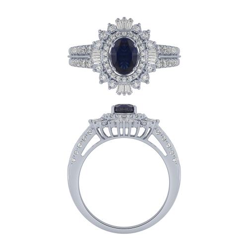Aanika V. Oval Sapphire Double Halo With Baguette Accents Split Shank Ring - 0.50 Ct. T.w.