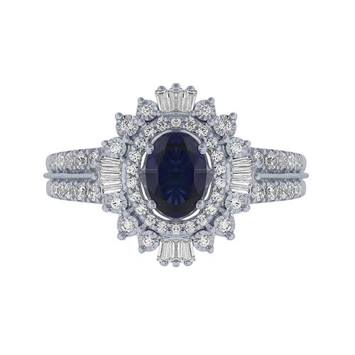 Aanika V. Oval Sapphire Double Halo With Baguette Accents Split Shank Ring - 0.50 Ct. T.w.