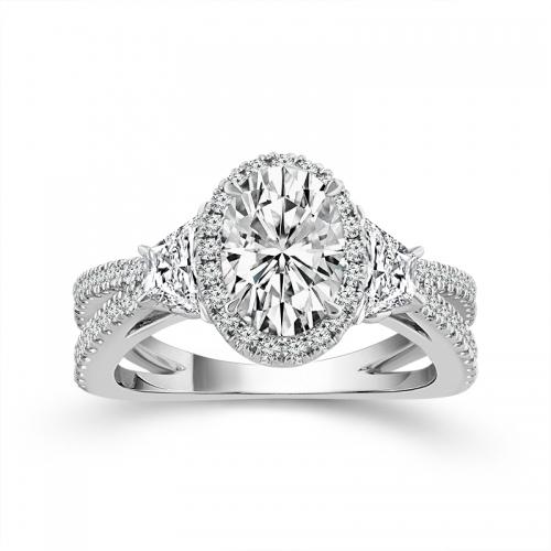 Novello Lab-grown Diamonds Oval Halo and Trilliant Bridal Ring - 2.62 Ct. T.w. in 14K White Gold (IGI-certified Diamonds)