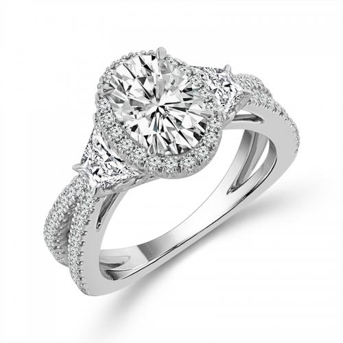 Novello Lab-grown Diamonds Oval Halo and Trilliant Bridal Ring - 2.62 Ct. T.w. in 14K White Gold (IGI-certified Diamonds)