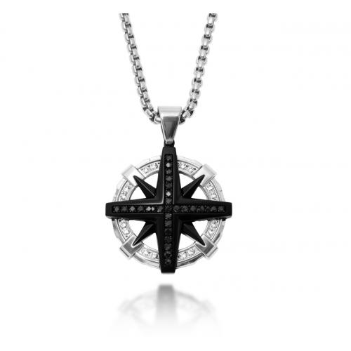 Link N Lock® Black Cubic Zirconia Stainless Steel Compass Pendant With 24 Inch Round Box Chain