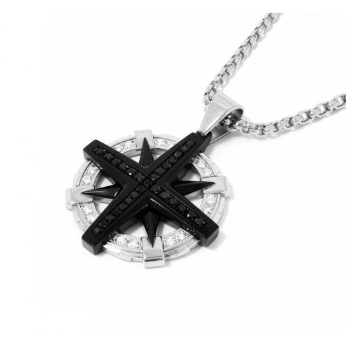 Link N Lock® Black Cubic Zirconia Stainless Steel Compass Pendant With 24 Inch Round Box Chain