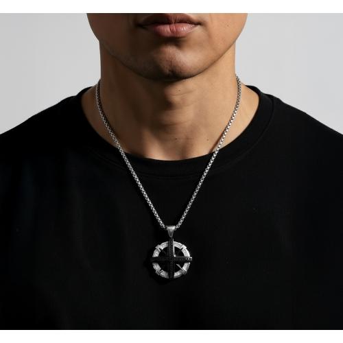 Link N Lock® Black Cubic Zirconia Stainless Steel Compass Pendant With 24 Inch Round Box Chain