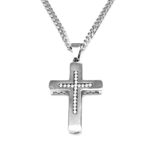 Link N Lock® White Cubic Zirconia Stainless Steel Cross Pendant With 24 Inch Curb Chain