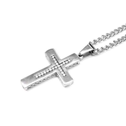 Link N Lock® White Cubic Zirconia Stainless Steel Cross Pendant With 24 Inch Curb Chain