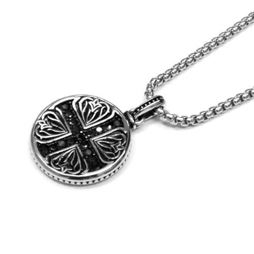 Link N Lock® Black Cubic Zirconia Round Medallion Cross Pendant With 24 Inch Round Box Chain