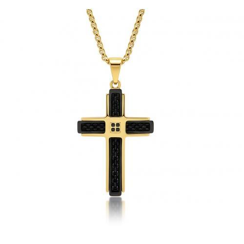 Link N Lock® Black Cubic Zirconia Stainless Steel Cross Pendant With 24 Inch Round Box Chian