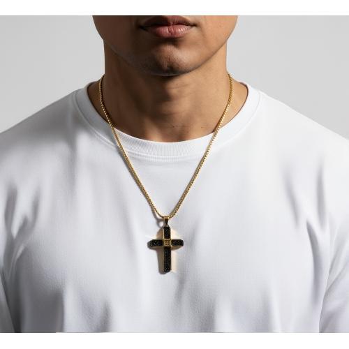 Link N Lock® Black Cubic Zirconia Stainless Steel Cross Pendant With 24 Inch Round Box Chian