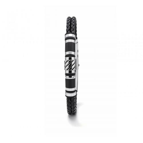 Link N Lock® 2-row Knitted Leather Bracelet With Black Enamel And Steel Beads - 8.5 Inches