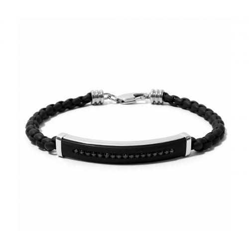 Link N Lock® Black Cubic Zirconia Leather And Stainless Steel Bracelet - 8.5 Inches