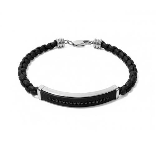 Link N Lock® Black Cubic Zirconia Leather And Stainless Steel Bracelet - 8.5 Inches