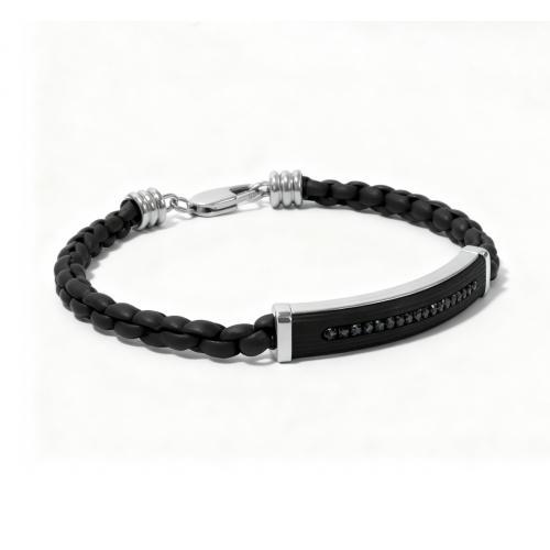 Link N Lock® Black Cubic Zirconia Leather And Stainless Steel Bracelet - 8.5 Inches
