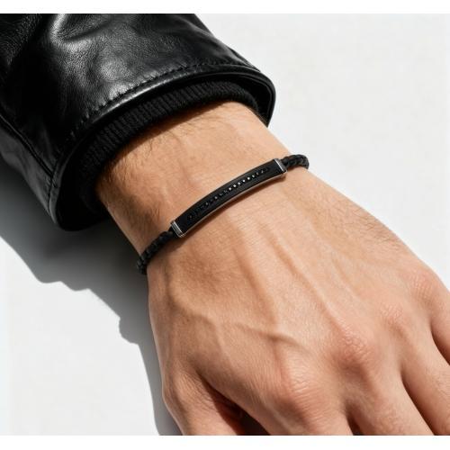 Link N Lock® Black Cubic Zirconia Leather And Stainless Steel Bracelet - 8.5 Inches