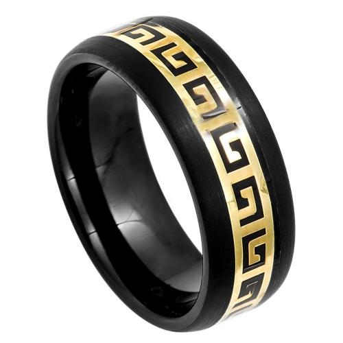Black Ip Dome Ring Yellow Ip Plated Greek Key Inlay - 8mm Band