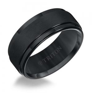 Triton 9MM Black Tungsten Carbide Brush Finish Flat With Bright Step Edge Comfort Fit Band.