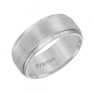 Triton 9MM White Tungsten Carbide Brush Finish Flat With Bright Step Edge Comfort Fit Band.