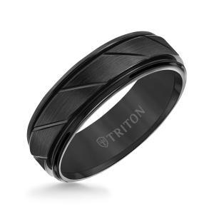 Triton 7MM Black Tungsten Carbide Flat Satin Finish Center With Bright Diagonal Cuts And Rims Comfort Fit Band