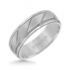 Triton 7MM White Tungsten Carbide Flat Satin Finish Center With Bright Diagonal Cuts And Rims Comfort Fit Band
